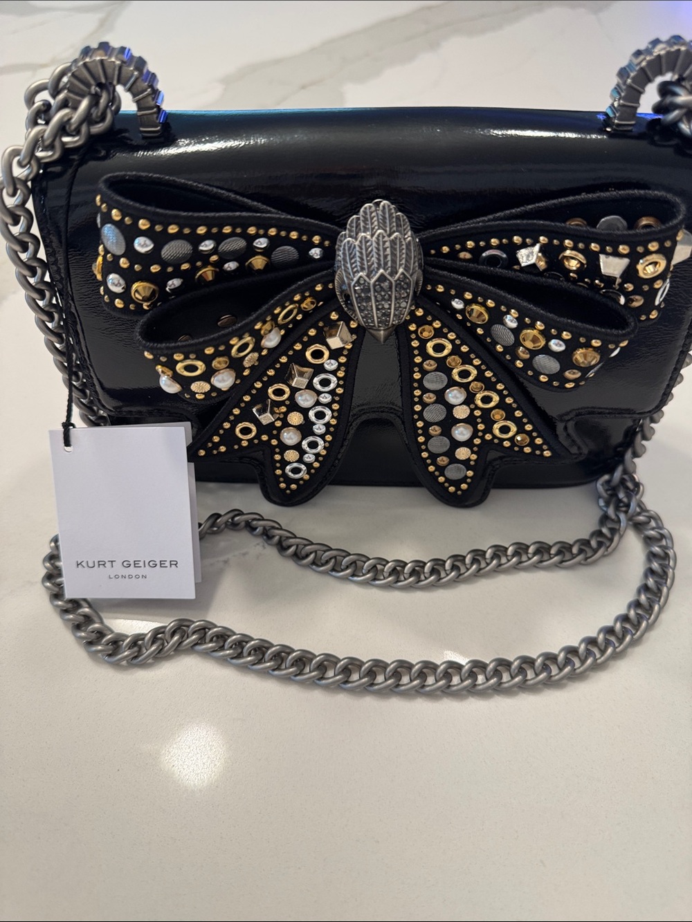 Kurt Geiger Black Patent Bow Embellished Chain Crossbody